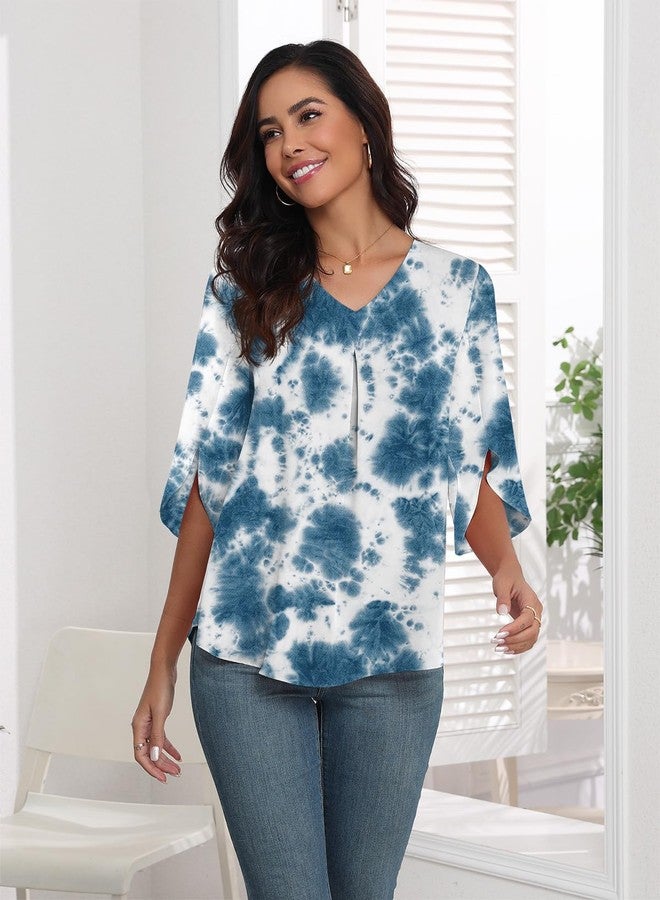 LAOLASI Womens Blouses Dressy Casual Chiffon Tops and Blouses V-Neck 3/4 Sleeve Blouse Tops Shirts for Work,Blue Tie dye,S - Image 5